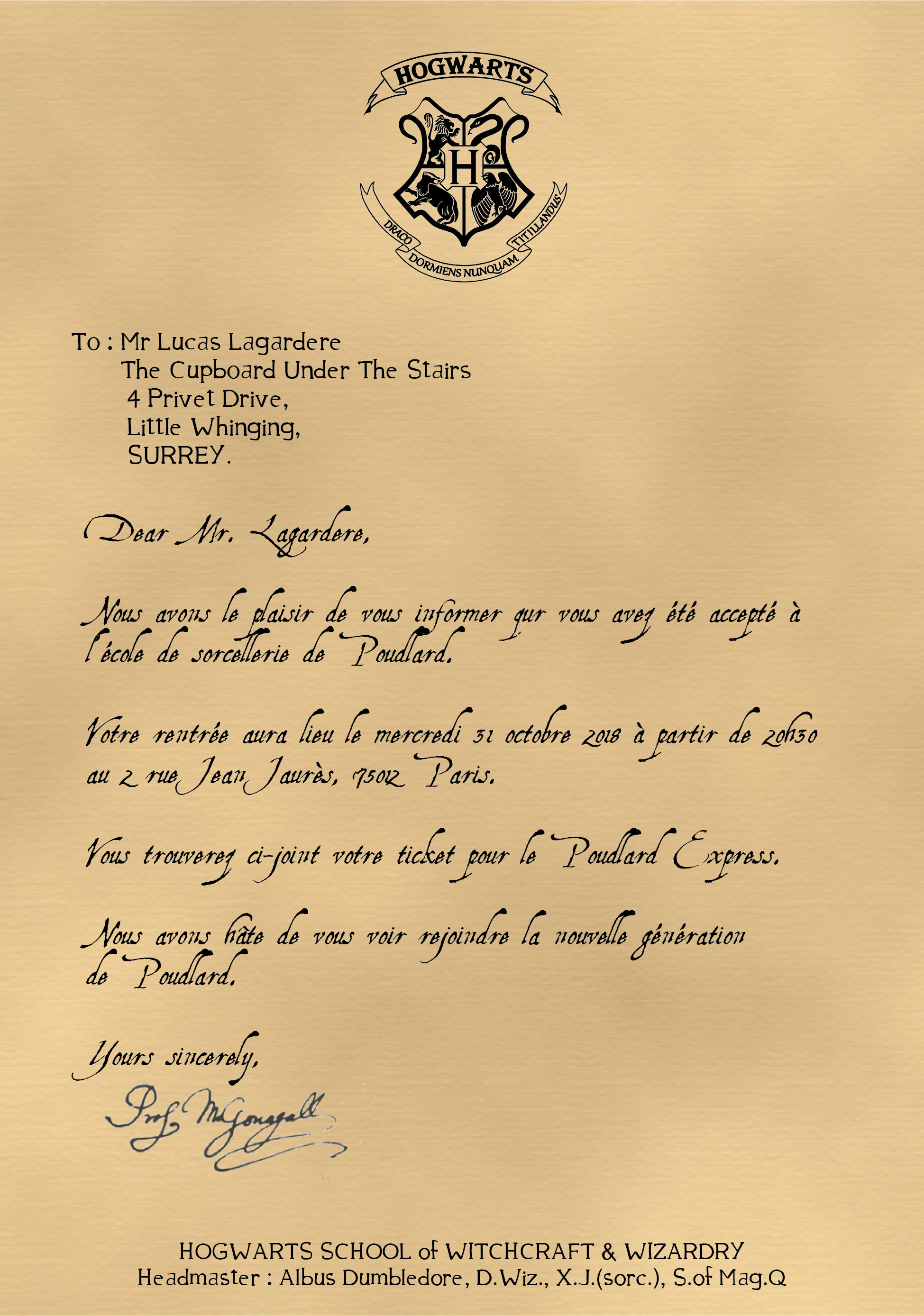 lettre admission poudlard vierge